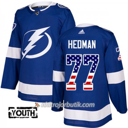 Barn Ishockey Tampa Bay Lightning Tröja Victor Hedman 77 Adidas 2017-2018 Blå USA Flag Fashion Authentic